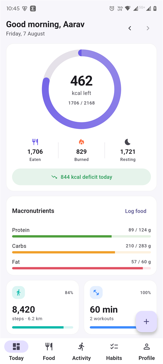 Dashboard showing a calorie ring with 462 kcal left, the eaten, burned and resting breakdown, a deficit chip, macro bars and step and workout tiles
