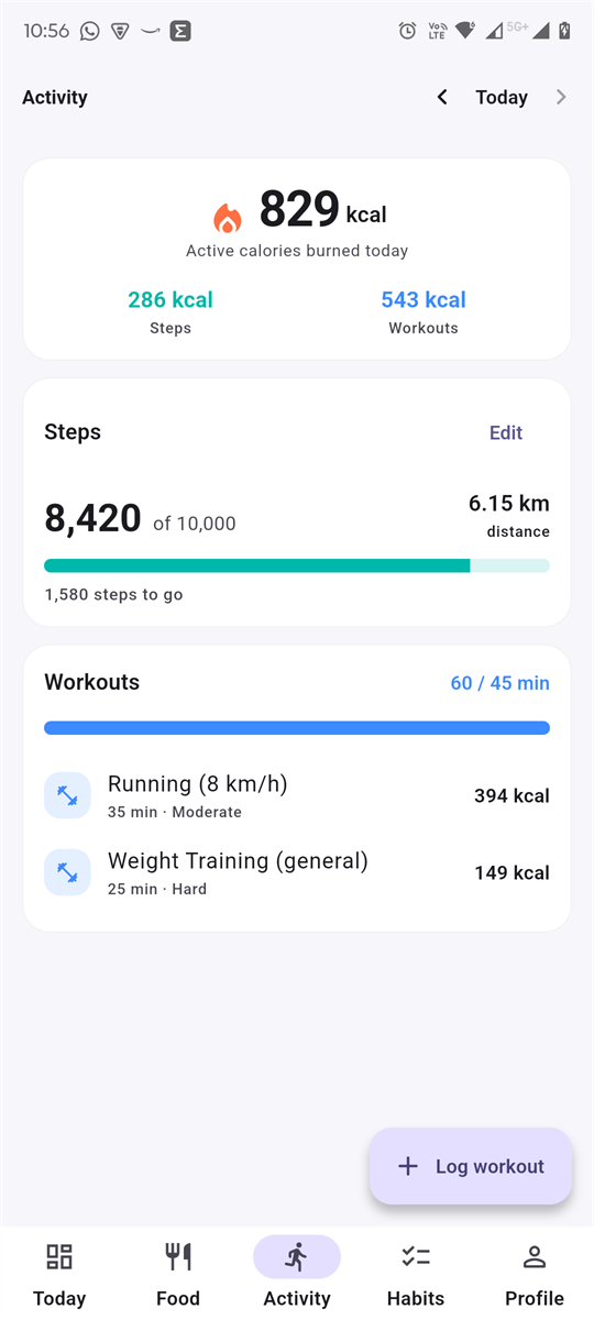 Activity screen showing 829 active kcal split into steps and workouts, 8,420 of 10,000 steps, and two logged workouts