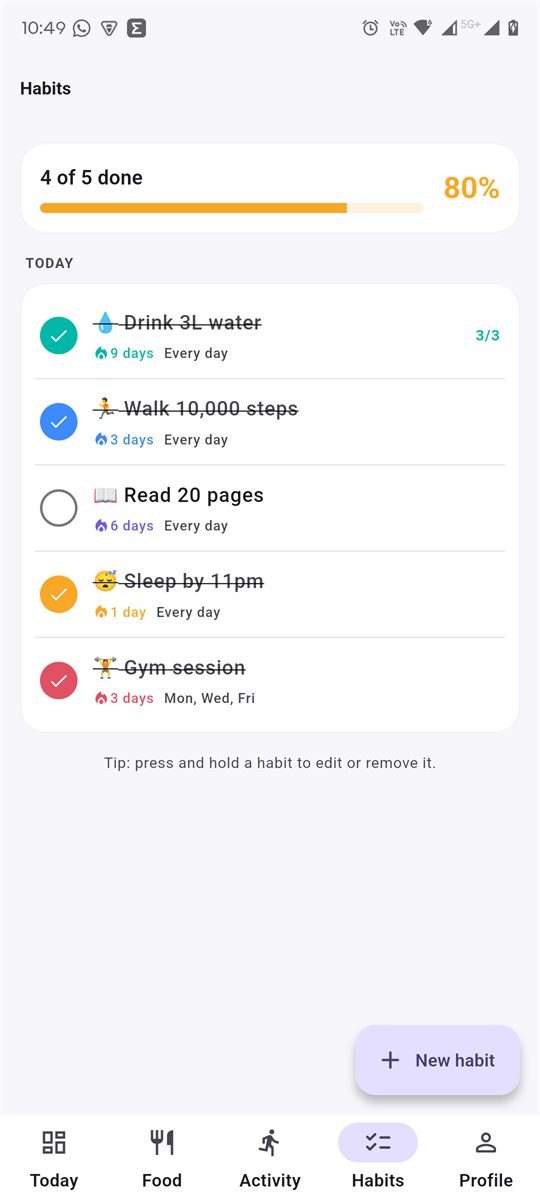 Habits list with five habits in their own colours, streaks of nine, three, six, one and three days, one scheduled for Monday, Wednesday and Friday
