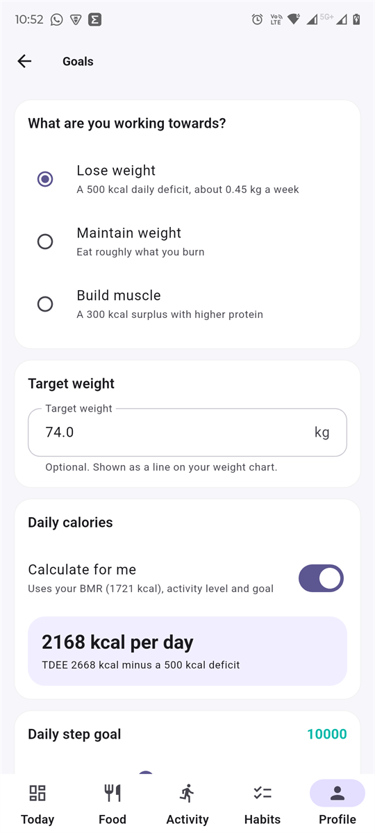 Goals screen with lose weight selected, a 74 kg target and a calculate-for-me switch showing 2,168 kcal a day